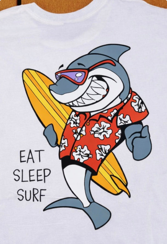 Funny Shark Surf T-Shirt – Eat Sleep Surf Beach Graphic Tee for Men & Women